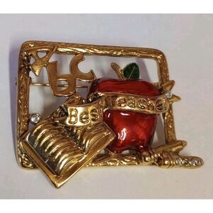 Best Teacher Goldtone Enameled Apple‎ Brooch With Rhinestones